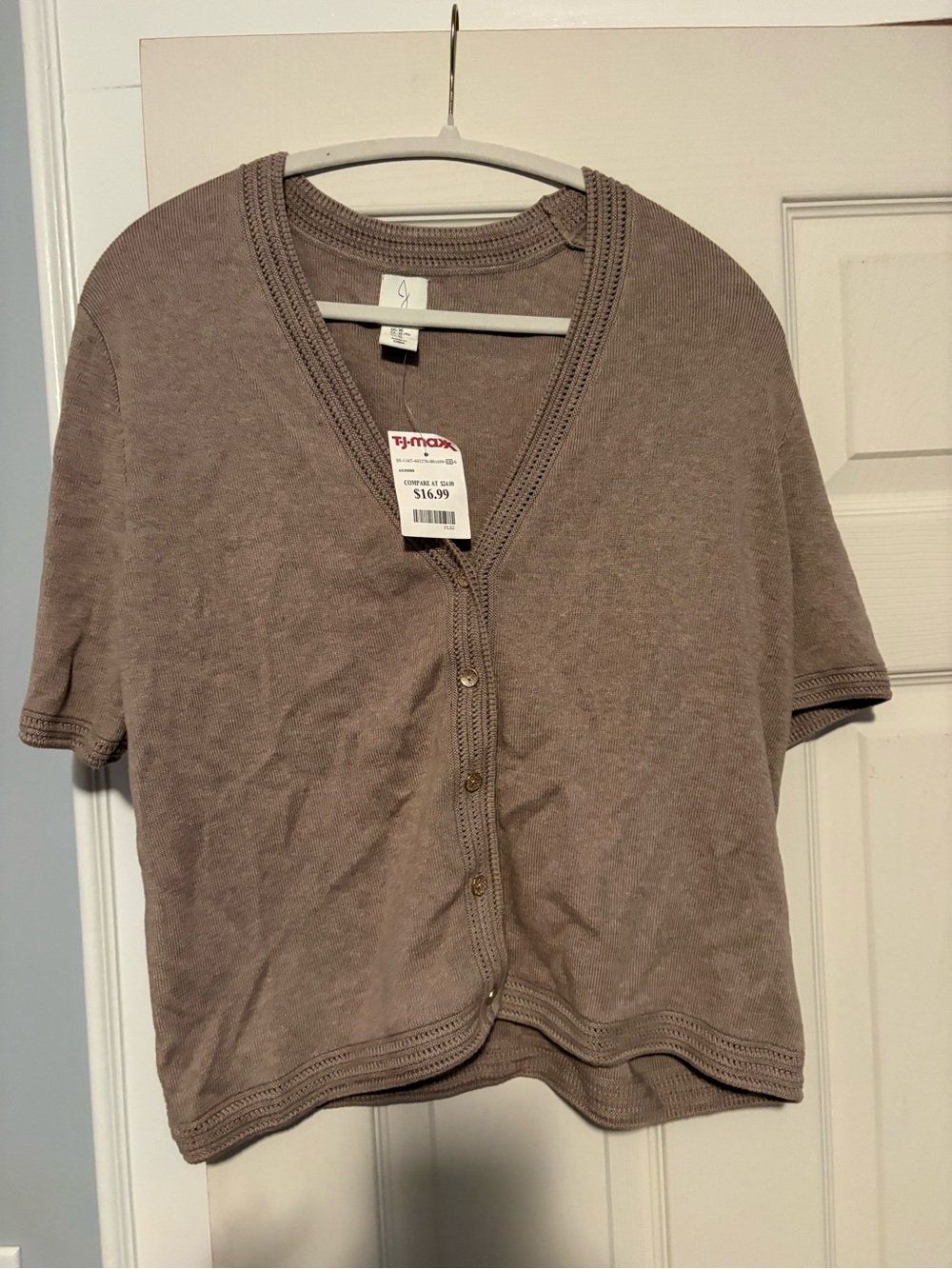 Taupe Knit V-Neck Short Sleeve Cardigan